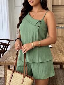 Weeklong Plus Size Women Casual Vacation Asymmetrical Neckline Contrast Button Decor Shorts 2 Pieces Set Elegant - Green - View 4