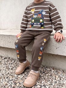 SHEIN Young Boy Classic Cute Kids Striped, Animal , Cartoon Print Crew Neck Long Sleeve Pullover Sweatshirt And Elastic Waist Cuffed Pants 2 Pieces Set - Coffee Brown - View 1