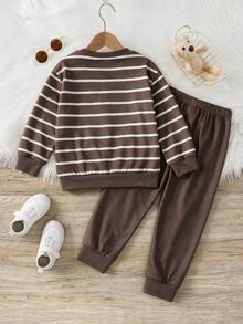 SHEIN Young Boy Classic Cute Kids Striped, Animal , Cartoon Print Crew Neck Long Sleeve Pullover Sweatshirt And Elastic Waist Cuffed Pants 2 Pieces Set - Coffee Brown - View 2