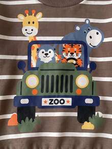 SHEIN Young Boy Classic Cute Kids Striped, Animal , Cartoon Print Crew Neck Long Sleeve Pullover Sweatshirt And Elastic Waist Cuffed Pants 2 Pieces Set - Coffee Brown - View 4