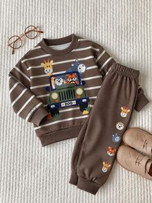 SHEIN Young Boy Classic Cute Kids Striped, Animal , Cartoon Print Crew Neck Long Sleeve Pullover Sweatshirt And Elastic Waist Cuffed Pants 2 Pieces Set - Coffee Brown - View 3