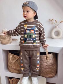 SHEIN Young Boy Classic Cute Kids Striped, Animal , Cartoon Print Crew Neck Long Sleeve Pullover Sweatshirt And Elastic Waist Cuffed Pants 2 Pieces Set - Coffee Brown - View 5