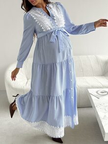 SHEIN Maternity Spliced Lace Striped Long Sleeve Single-Breasted Elegant Dress Fall - Blue and White - View 4