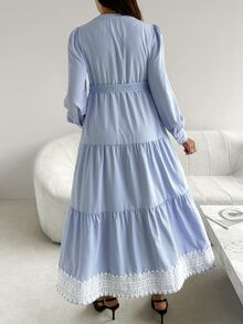 SHEIN Maternity Spliced Lace Striped Long Sleeve Single-Breasted Elegant Dress Fall - Blue and White - View 7