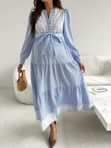 SHEIN Maternity Spliced Lace Striped Long Sleeve Single-Breasted Elegant Dress Fall - Blue and White - View 5