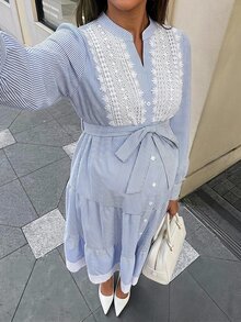SHEIN Maternity Spliced Lace Striped Long Sleeve Single-Breasted Elegant Dress Fall - Blue and White - View 1