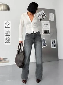 RiviMae WOMEN CLASSIC HIGH WAIST STRAIGHT GREY WASH DENIM JEAN COMFORT FABRIC - Grey - View 3