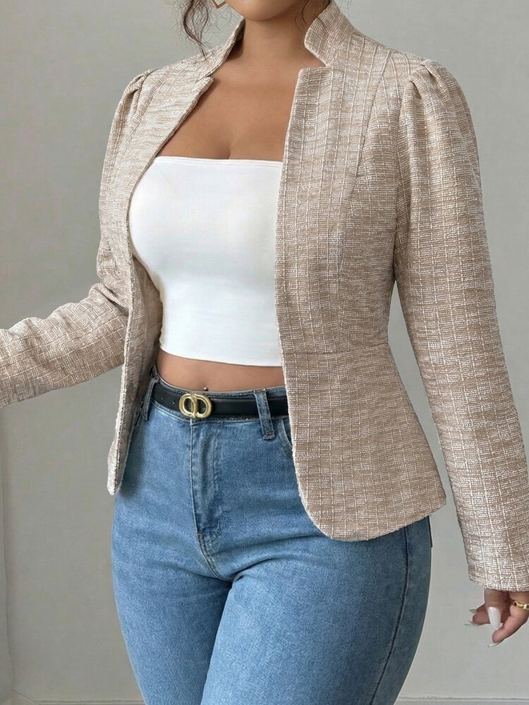 Elenzga Plus Size Women's Plaid Casual Versatile Everyday Blazer Fall - Khaki - View 4