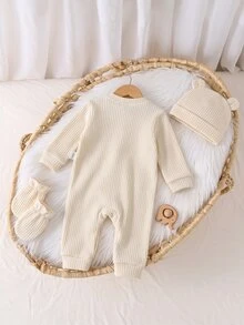 SHEIN 新生兒加厚刷毛紋理布料前開襟可愛熊裝飾柔軟長袖連身睡衣，適合秋冬冬季嬰兒 - 杏色 - 查看 2