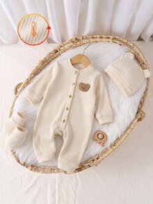 SHEIN 新生兒加厚刷毛紋理布料前開襟可愛熊裝飾柔軟長袖連身睡衣，適合秋冬冬季嬰兒 - 杏色 - 查看 4