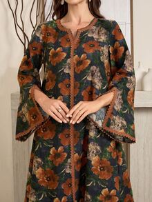 Al Najma Women's Floral Print Notched Neck Long Sleeve Elegant Arabian Modest Dress Abaya Dubai - Multicolor - View 10