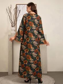 Al Najma Women's Floral Print Notched Neck Long Sleeve Elegant Arabian Modest Dress Abaya Dubai - Multicolor - View 3