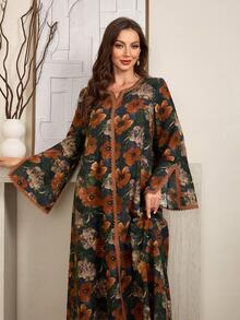 Al Najma Women's Floral Print Notched Neck Long Sleeve Elegant Arabian Modest Dress Abaya Dubai - Multicolor - View 9