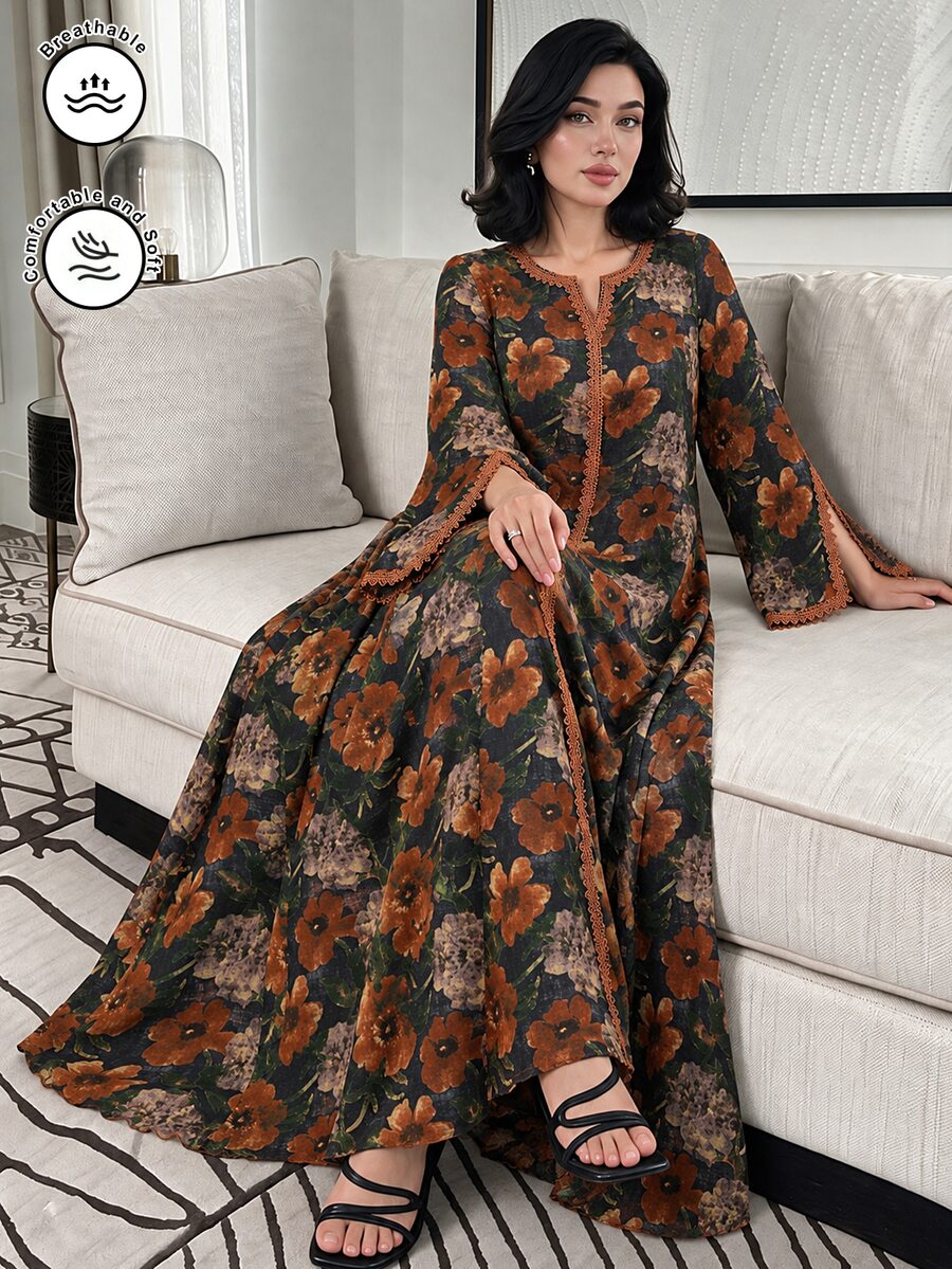 Al Najma Women's Floral Print Notched Neck Long Sleeve Elegant Arabian Modest Dress Abaya Dubai
