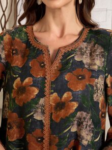 Al Najma Women's Floral Print Notched Neck Long Sleeve Elegant Arabian Modest Dress Abaya Dubai - Multicolor - View 8