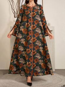 Al Najma Women's Floral Print Notched Neck Long Sleeve Elegant Arabian Modest Dress Abaya Dubai - Multicolor - View 5