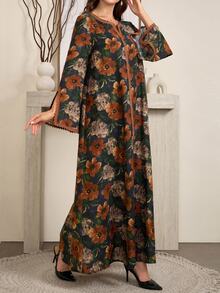 Al Najma Women's Floral Print Notched Neck Long Sleeve Elegant Arabian Modest Dress Abaya Dubai - Multicolor - View 6
