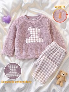 SHEIN Baby Girl Double-Sided Thick Fleece Bear Embroidered Loose Pullover Autumn Top And Plaid Print Straight Leg Pants Pajama Set, Suitable For Winter - Purple - View 3