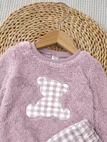 SHEIN Baby Girl Double-Sided Thick Fleece Bear Embroidered Loose Pullover Autumn Top And Plaid Print Straight Leg Pants Pajama Set, Suitable For Winter - Purple - View 5