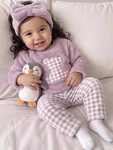 SHEIN Baby Girl Double-Sided Thick Fleece Bear Embroidered Loose Pullover Autumn Top And Plaid Print Straight Leg Pants Pajama Set, Suitable For Winter - Purple - View 1