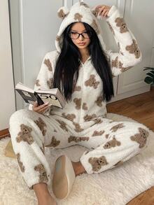 CovetEZ Women's Cartoon Pattern Casual Cute Daily Wear Lounge Sleep Jumpsuit Long Pants White Animal Print Fall - Beige - View 1