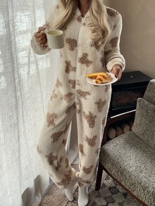CovetEZ Women's Cartoon Pattern Casual Cute Daily Wear Lounge Sleep Jumpsuit Long Pants White Animal Print Fall - Beige - View 4