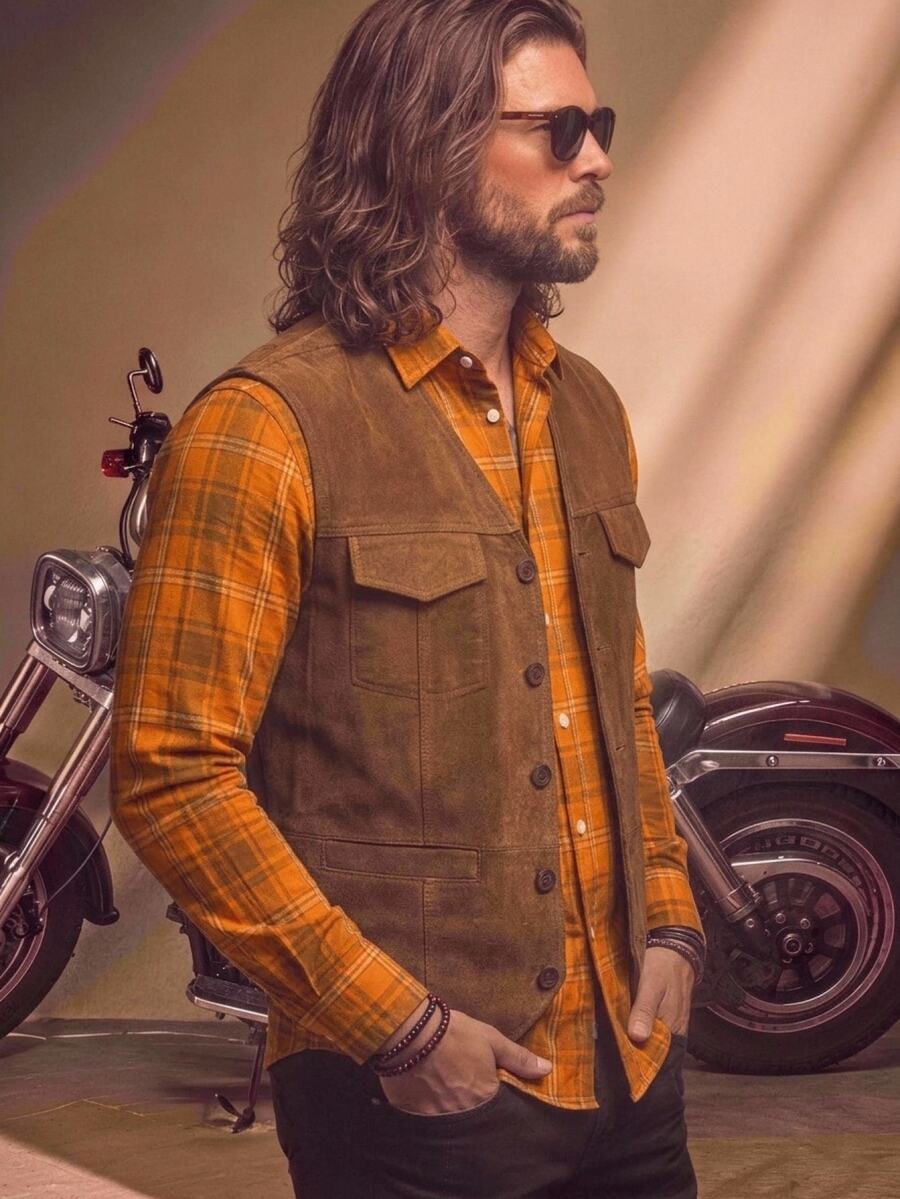 Fenqiro Men's Orange Plaid Button-Up Shirt, Long Sleeve Collared Casual Top For Halloween Parties, Fall Gatherings, Daily Wear And Streetwear - Multicolor - View 1