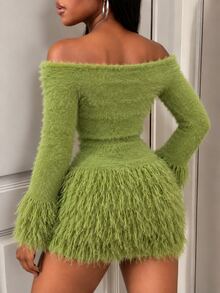 BamGleam Women Sweater Two Pieces Set Smog Blue Long Hair Fringe Short Sweater Set Fashion Slimming Everyday Outgoing Party Millennial Spice Girl Style Women - Green - View 3