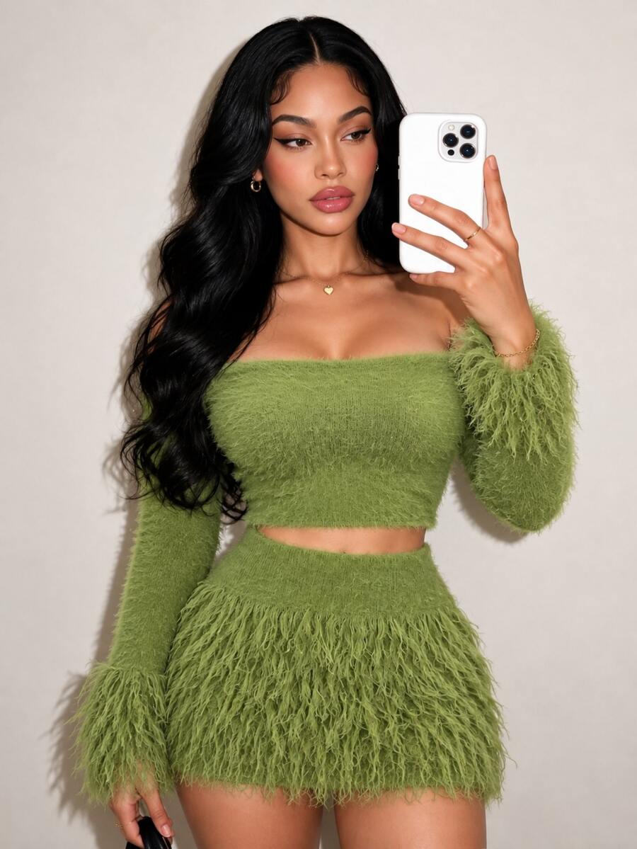 BamGleam Women Sweater Two Pieces Set Smog Blue Long Hair Fringe Short Sweater Set Fashion Slimming Everyday Outgoing Party Millennial Spice Girl Style Women