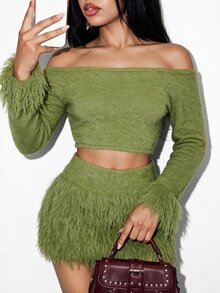 BamGleam Women Sweater Two Pieces Set Smog Blue Long Hair Fringe Short Sweater Set Fashion Slimming Everyday Outgoing Party Millennial Spice Girl Style Women - Green - View 7