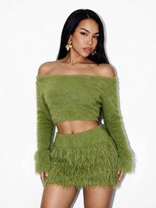 BamGleam Women Sweater Two Pieces Set Smog Blue Long Hair Fringe Short Sweater Set Fashion Slimming Everyday Outgoing Party Millennial Spice Girl Style Women - Green - View 8