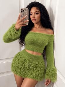 BamGleam Women Sweater Two Pieces Set Smog Blue Long Hair Fringe Short Sweater Set Fashion Slimming Everyday Outgoing Party Millennial Spice Girl Style Women - Green - View 11