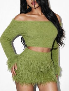 BamGleam Women Sweater Two Pieces Set Smog Blue Long Hair Fringe Short Sweater Set Fashion Slimming Everyday Outgoing Party Millennial Spice Girl Style Women - Green - View 6