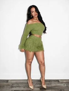 BamGleam Women Sweater Two Pieces Set Smog Blue Long Hair Fringe Short Sweater Set Fashion Slimming Everyday Outgoing Party Millennial Spice Girl Style Women - Green - View 9