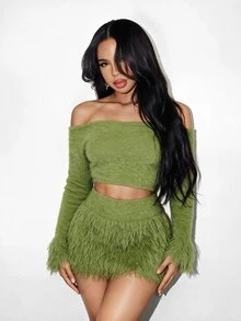 BamGleam Women Sweater Two Pieces Set Smog Blue Long Hair Fringe Short Sweater Set Fashion Slimming Everyday Outgoing Party Millennial Spice Girl Style Women - Green - View 4