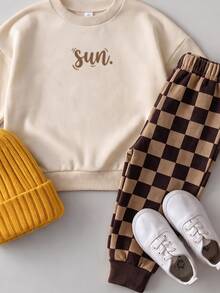 Street Style Boys 2 Pieces Set, Cartoon Sun Pattern, Letter Heat Transfer Round Neck Sweatshirt Paired With Digital Print Sweatpants, Autumn/Winter Casual Kids Wear - Multicolor - View 3