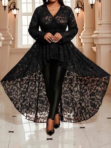 Fleurora Plus Size Women's V-Neck Lace Waist Tie Casual Elegant 70's Sexy Daily Wear Blouse Autumn Black Top Going Out Cocktail Date Night Party Halloween - Black - View 3