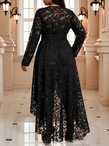 Fleurora Plus Size Women's V-Neck Lace Waist Tie Casual Elegant 70's Sexy Daily Wear Blouse Autumn Black Top Going Out Cocktail Date Night Party Halloween - Black - View 8