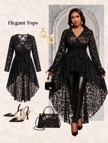 Fleurora Plus Size Women's V-Neck Lace Waist Tie Casual Elegant 70's Sexy Daily Wear Blouse Autumn Black Top Going Out Cocktail Date Night Party Halloween - Black - View 9