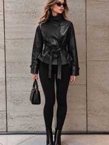 Women's Solid Color Stand Collar Raglan Long Sleeve Double-Breasted PU Leather Jacket - Black - View 6