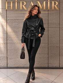 Women's Solid Color Stand Collar Raglan Long Sleeve Double-Breasted PU Leather Jacket - Black - View 3