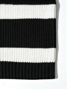 SHEIN Women's Black And White Striped Asymmetrical Neck Long Sleeve Fashion Knit Dress Night Out Date Night Sexy Casual - Black - View 7