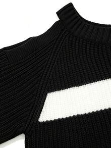 SHEIN Women's Black And White Striped Asymmetrical Neck Long Sleeve Fashion Knit Dress Night Out Date Night Sexy Casual - Black - View 6