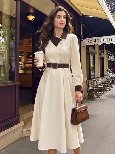 Vintamour Vintage Elegant Women's Dress Pockets Belt Buttons Casual Commute Vacation Holiday Long Dress Fall Clothes Winter Festival Work Outfits For Women