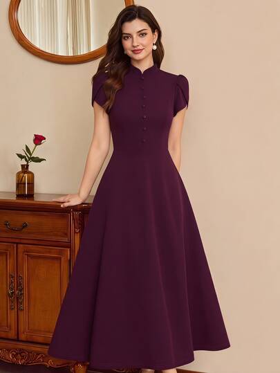 Vintamour Vintage 70s Elegant Women's Dress With Pockets Button Puff Sleeves Casual Work Dinner Office Teachers' Day Party Long Summer Dark Purple