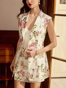 Vintamour 復古浪漫優雅女款套裝 2 件組 花卉西裝外套、背心上衣、鈕扣修身迷你裙 休閒婚禮花園米色夏季穿搭 - 杏色 - 查看 4