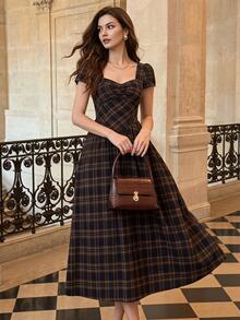 Vintamour Vintage 70s Elegant Women's Dress Pockets Plaid Casual Holiday Long School Summer 2026 Back To School Dark Blue Check Checkered Picnic Pool Party - Navy Blue - View 5