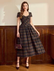 Vintamour Vintage 70s Elegant Women's Dress Pockets Plaid Casual Holiday Long School Summer 2026 Back To School Dark Blue Check Checkered Picnic Pool Party - Navy Blue - View 7