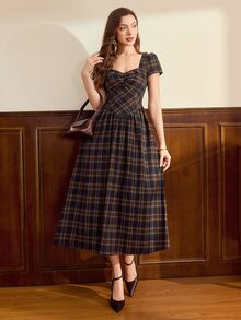 Vintamour Vintage 70s Elegant Women's Dress Pockets Plaid Casual Holiday Long School Summer 2026 Back To School Dark Blue Check Checkered Picnic Pool Party - Navy Blue - View 4