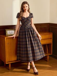 Vintamour Vintage 70s Elegant Women's Dress Pockets Plaid Casual Holiday Long School Summer 2026 Back To School Dark Blue Check Checkered Picnic Pool Party - Navy Blue - View 9